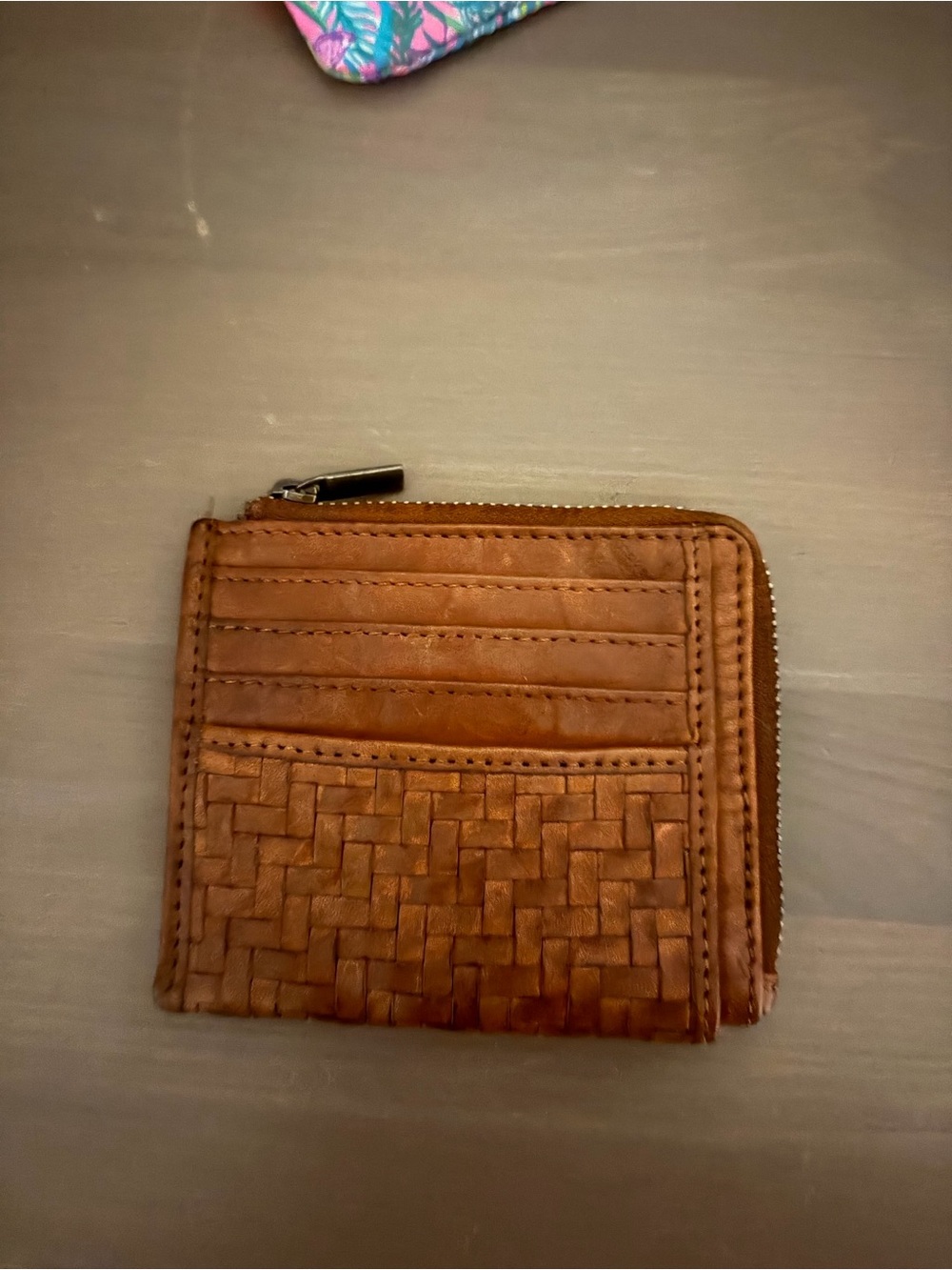 Woven Leather Zip Card Wallet - Brown